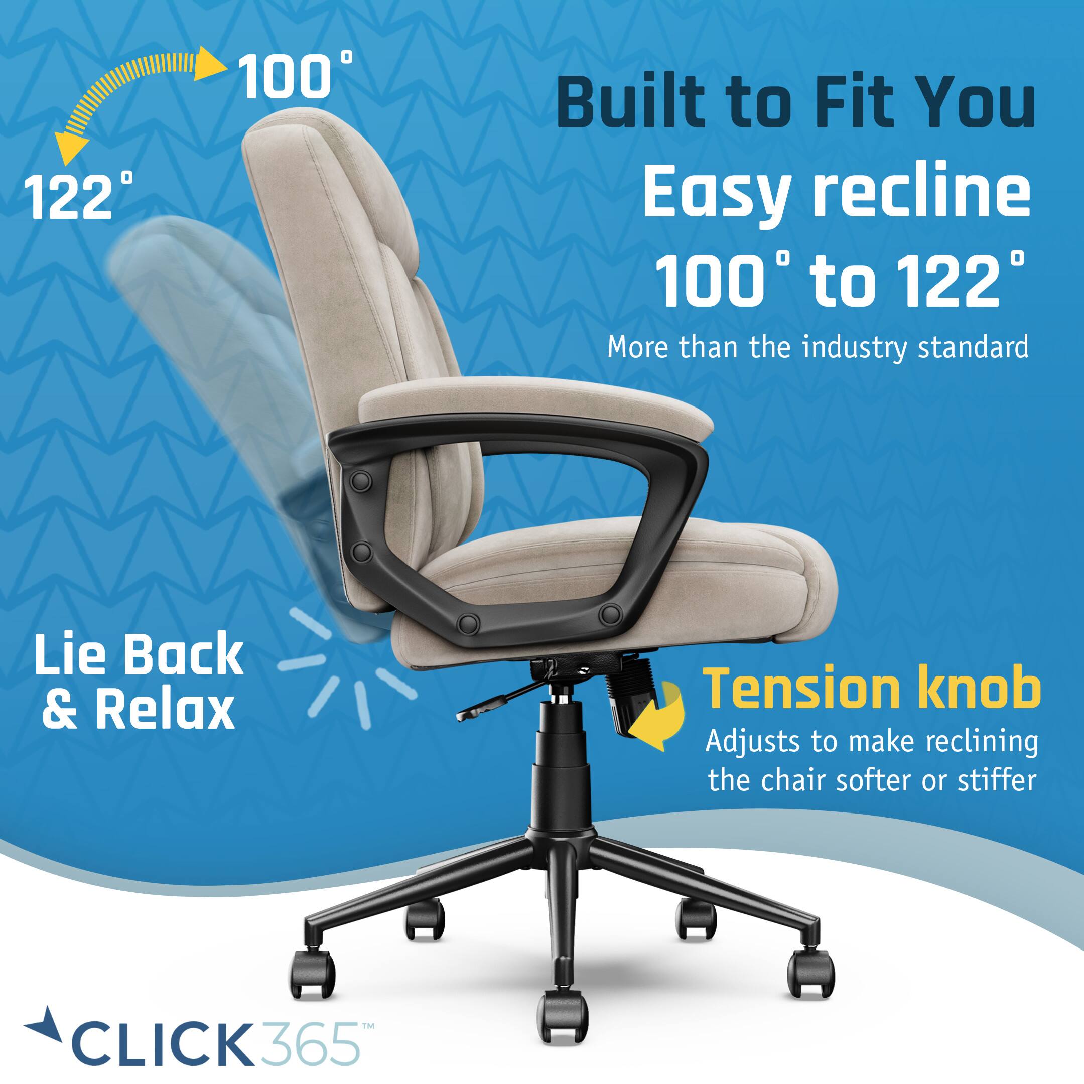 The image features a black office chair with a white cushion, advertising its ergonomic design and ease of use. The chair is described as "Built to Fit You," with an "Easy recline" feature that allows for 100 to 122 degrees of recline. The chair also has a "Lie Back & Relax" feature, along with a "Tension knob" that adjusts the chair's softness or stiffness. The chair is part of the Click365 brand.