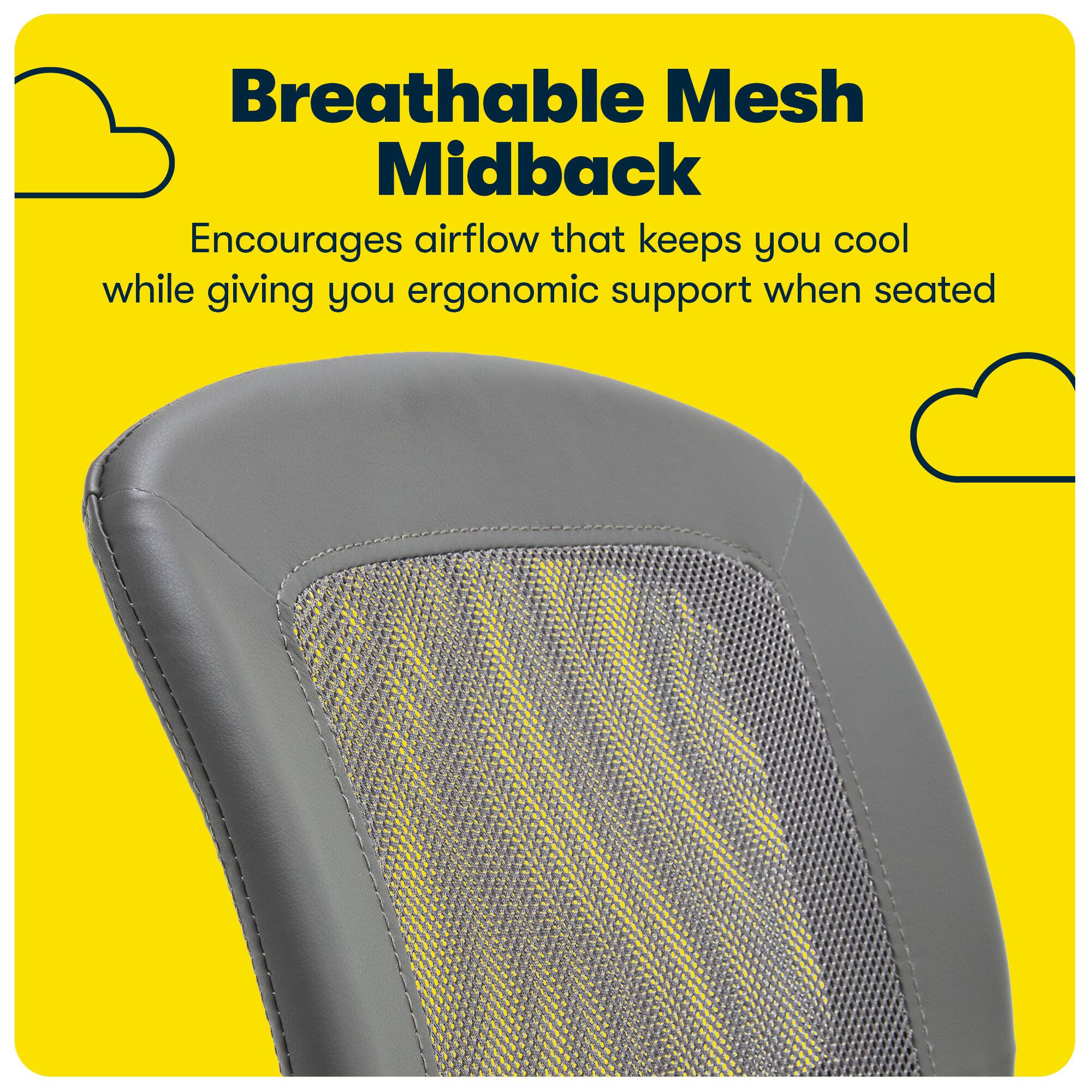 The image features a chair with a mesh backrest, which is designed to provide airflow and keep the user cool while seated. The chair is advertised as an ergonomic support, offering comfort and proper posture for the user. The chair is described as a breathable mesh midback, which suggests that it is made of a lightweight and breathable material that allows for airflow and helps regulate body temperature.