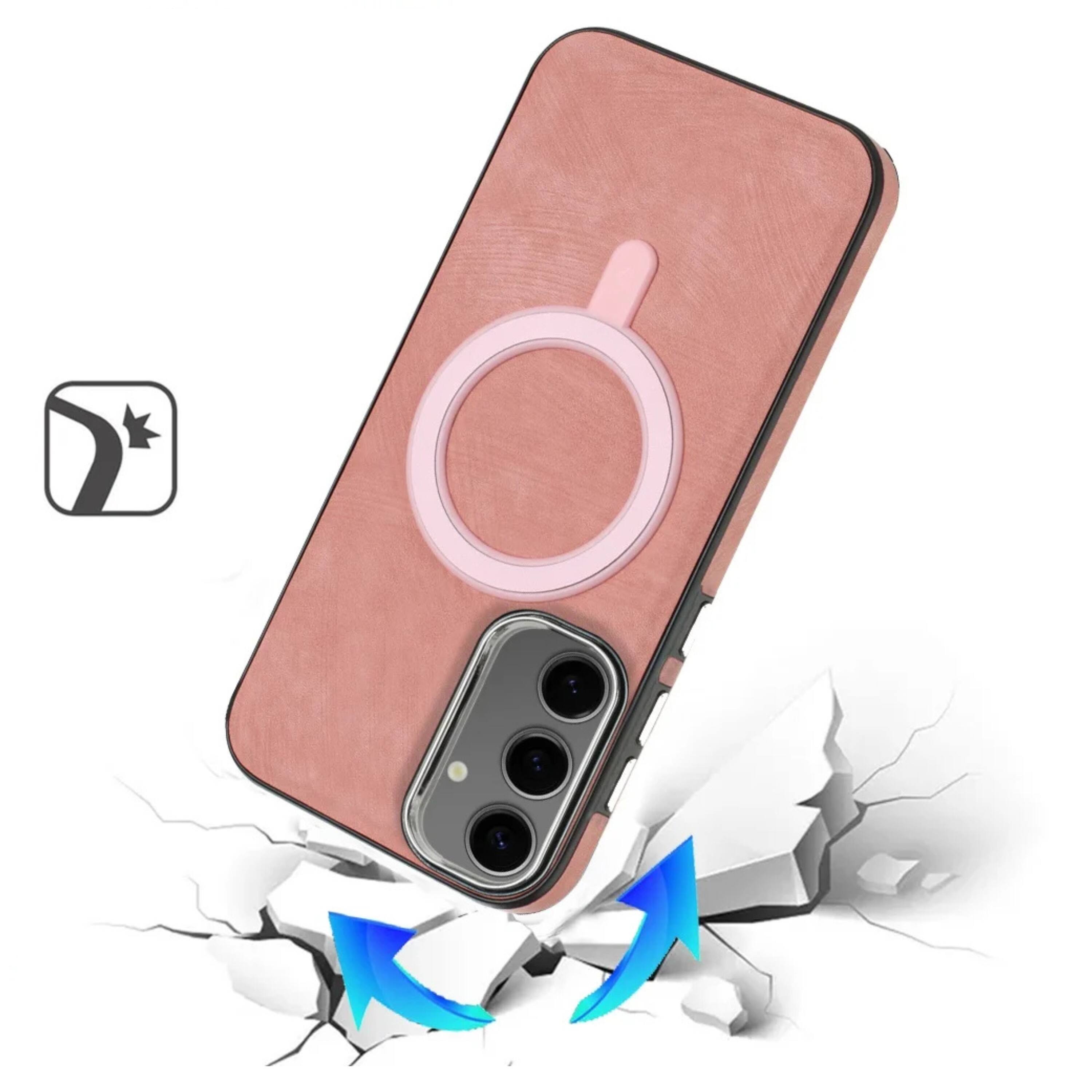 Angle. Kitcheniva - Soft Vegan Leather Magnetic Circle Phone Case With Tempered Glass For Samsung S25 Plus S24 Plus Pink - Pink.