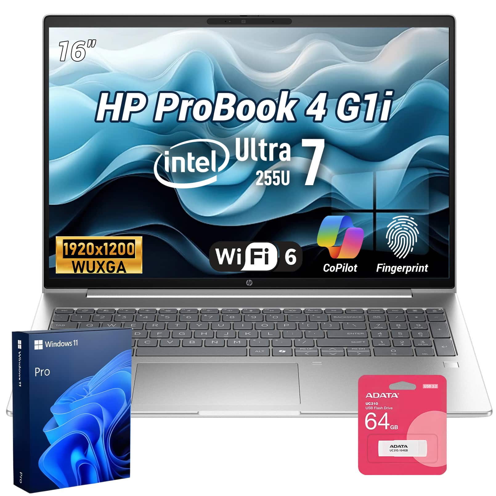 HP - Upgraded - ProBook 4 16" FHD+ Laptop - Intel Core Ultra 7 255U - 64GB RAM 2TB SSD - FP Reader - 64GB USB Flash Drive - Silver