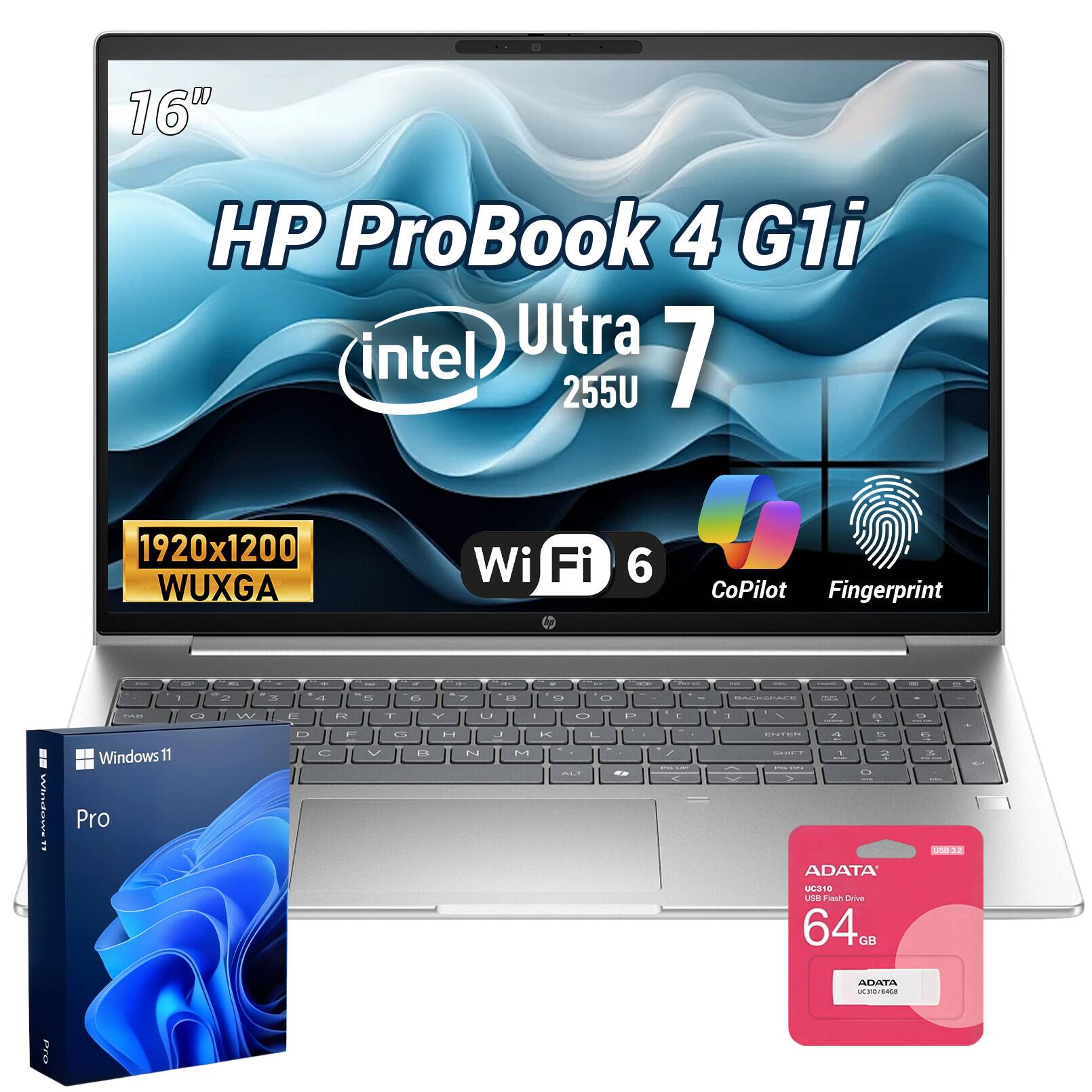 16" HP ProBook 4 G1i Ultra 7 255U  
1920x1200 WUXGA  
Wi-Fi 6  
CoPilot Fingerprint  
Windows 11 Pro  
ADATA UC310 USB Flash Drive 64 GB