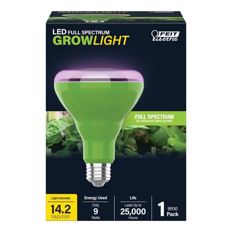 LED FULL SPECTRUM  
GROWLIGHT  

FEIT Electric  

FULL SPECTRUM  
for enhanced plant growth  

Light Intensity  
14.2 PAR/PPF  

Energy Used  
Only 9 Watts  

Life  
Lasts Up to 25,000 Hours  

1 BR30 Pack