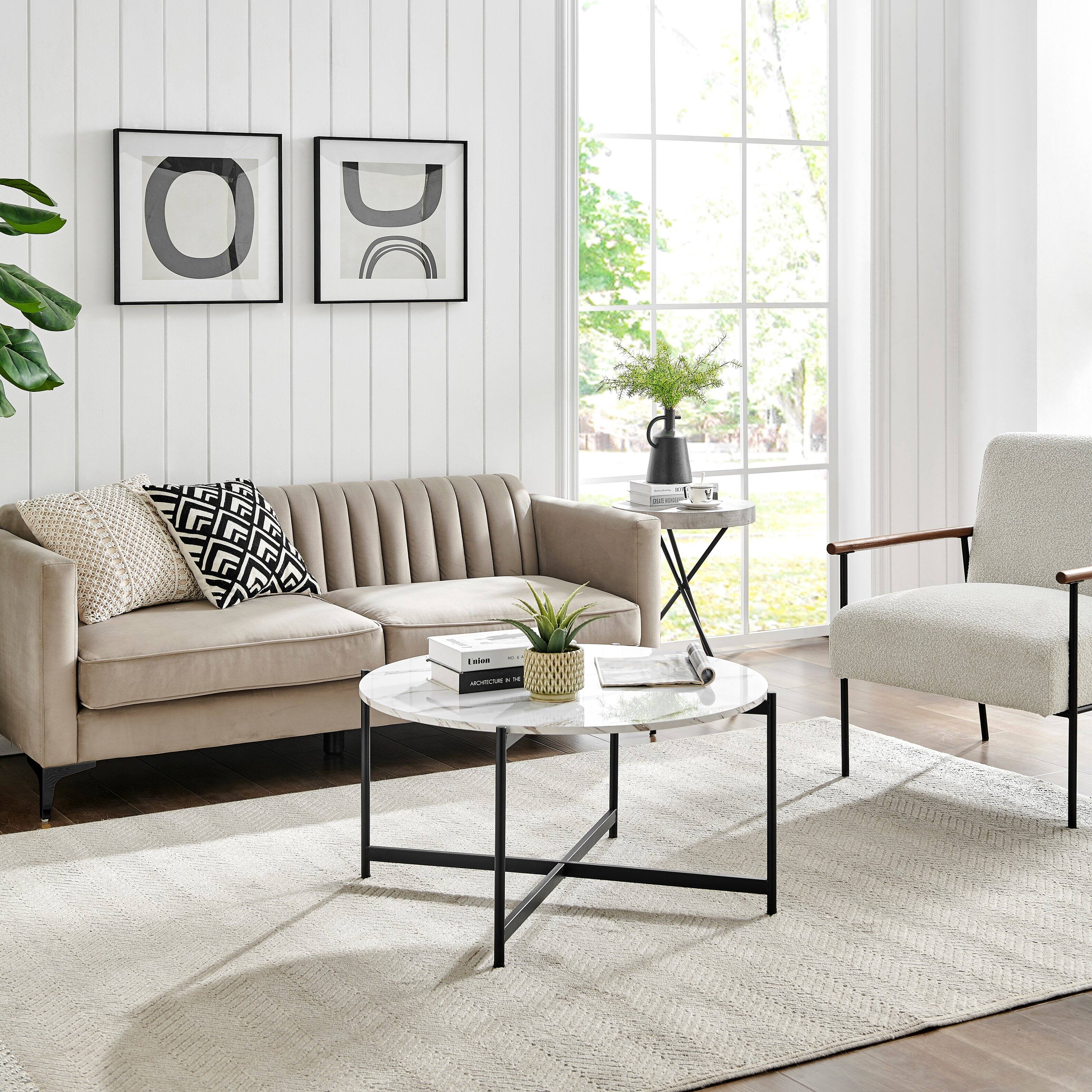 Alt View 3. Danya B - Round Marble Finish Veneer Large Coffee Table - White Marble - White, Black.