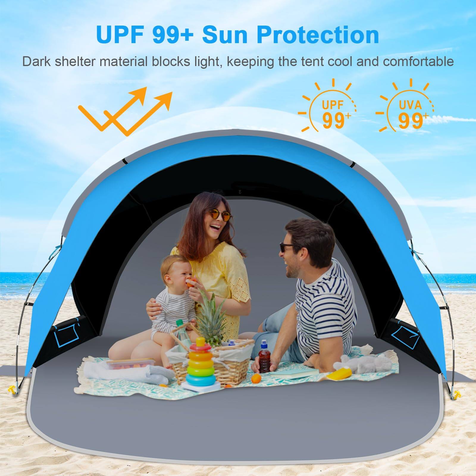 UPF 99+ Sun Protection  
Dark shelter material blocks light, keeping the tent cool and comfortable  
UPF 99+  
UVA 99+