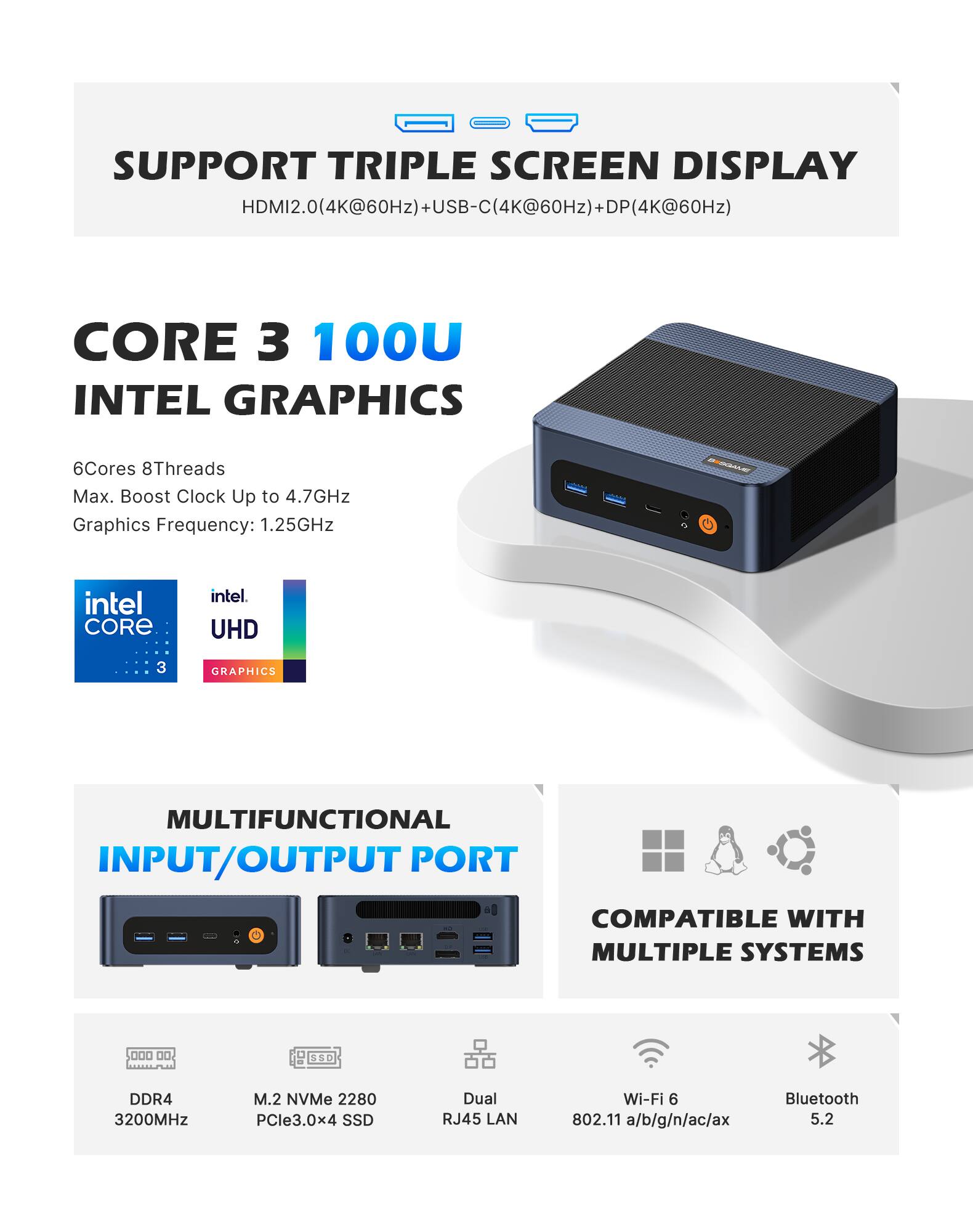 SUPPORT TRIPLE SCREEN DISPLAY  
HDMI2.0(4K@60Hz)+USB-C(4K@60Hz)+DP(4K@60Hz

CORE 3 100U INTEL GRAPHICS  
6Cores 8Threads  
Max. Boost Clock Up to 4.7GHz  
Graphics Frequency: 1.25GHz

intel CORE  
intel UHD  
3 GRAPHICS

MULTIFUNCTIONAL INPUT/OUTPUT PORT  
COMPATIBLE WITH MULTIPLE SYSTEMS

DDR4 3200MHz  
M.2 NVMe 2280 PCIe3.0x4 SSD  
Dual RJ45 LAN  
Wi-Fi 6 802.11 a/b/g/n/ac/ax  
Bluetooth 5.2