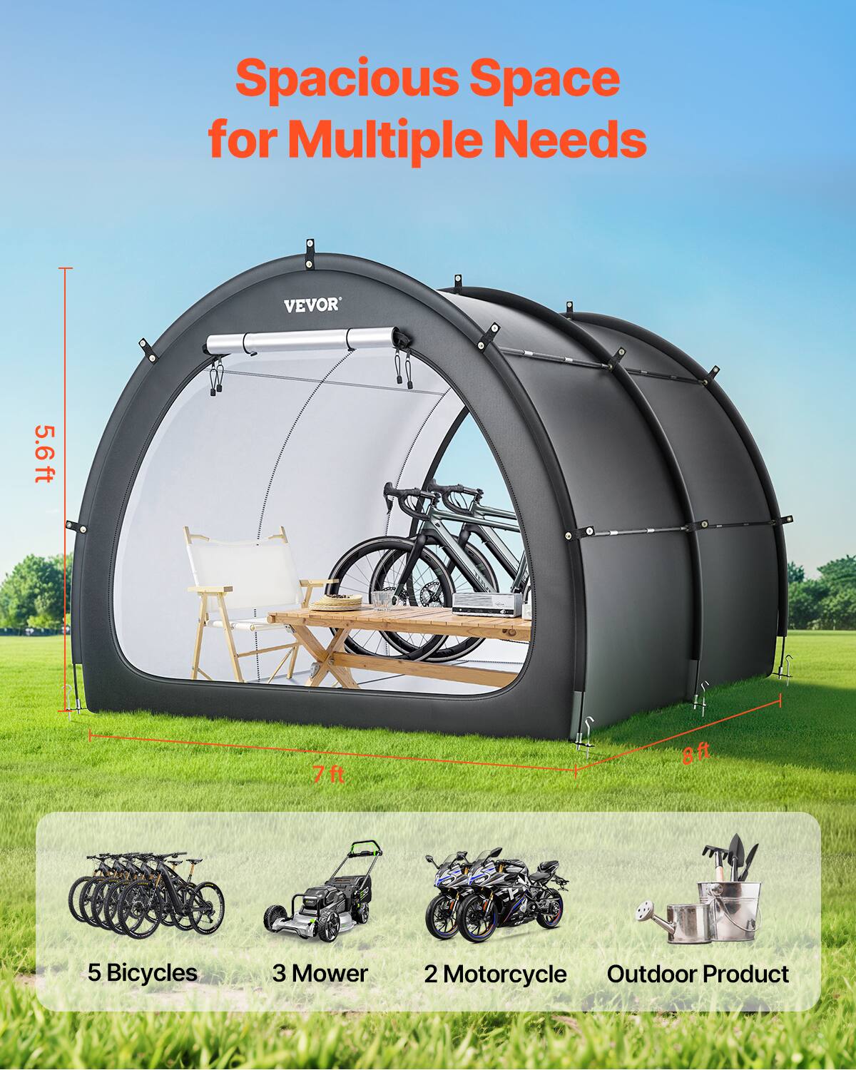 Spacious Space for Multiple Needs VEVOR 5.6ft 7ft 8ft 5 Bicycles 3 Mower 2 Motorcycle Outdoor Product