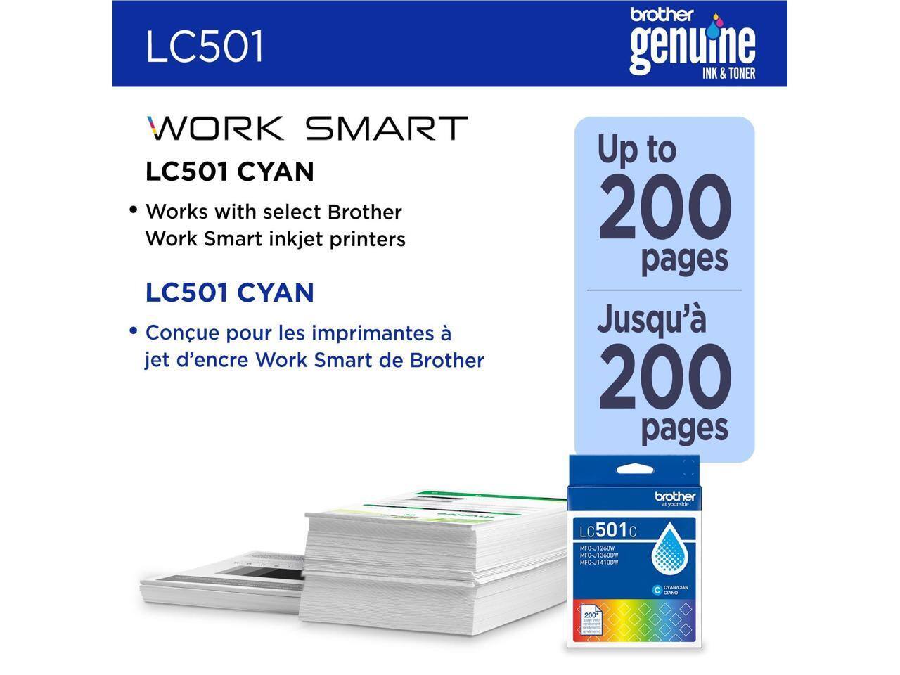 LC501 brother genuine INK & TONER WORK SMART LC501 CYAN Works with select Brother Work Smart inkjet printers LC501 CYAN Conçu pour les imprimantes à jet d'encre Work Smart de Brother Up to 200 pages Jusqu'à 200 pages brother etyourside LC501c LC C MFC-J126OW MFCJ13600W MPC-J1410OW CHNVCIAN C CIM