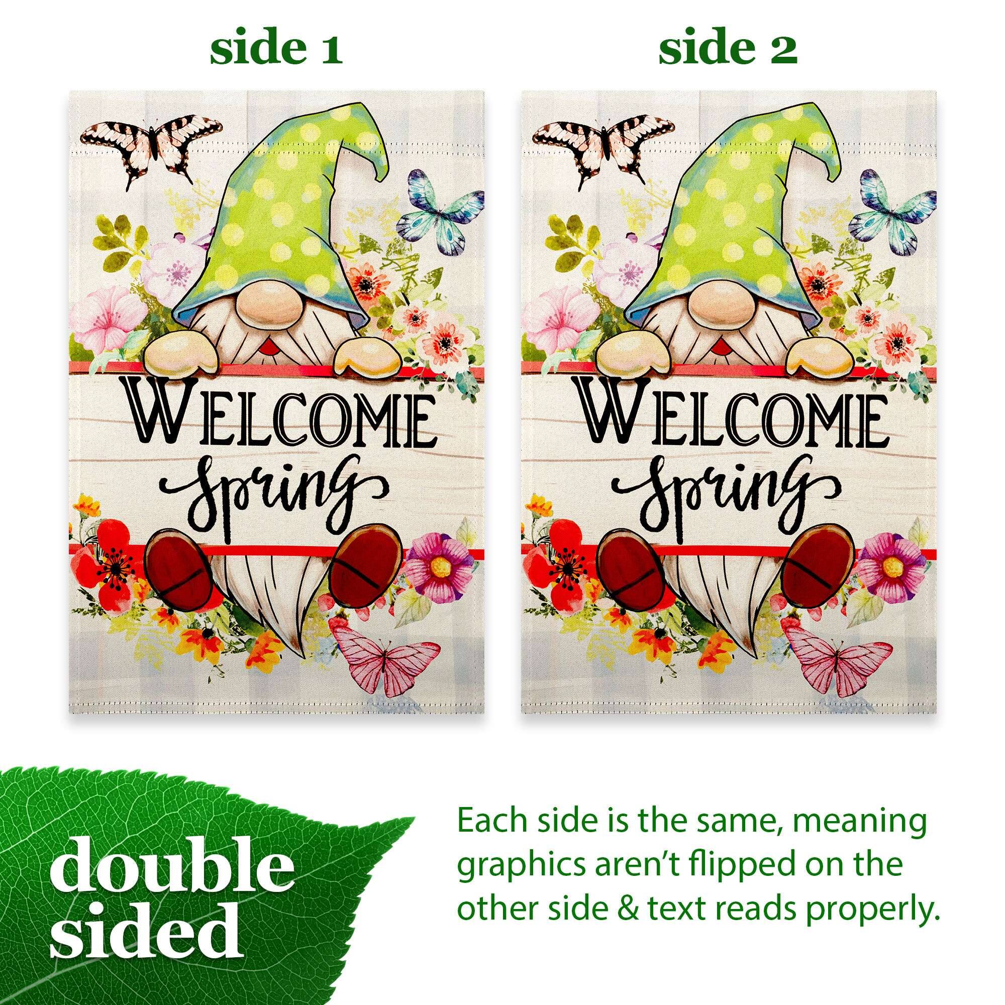 side 1 side 2  
WELCOME WELCOME  
Spring Spring  
double sided  
Each side is the same, meaning graphics aren't flipped on the other side & text reads properly.