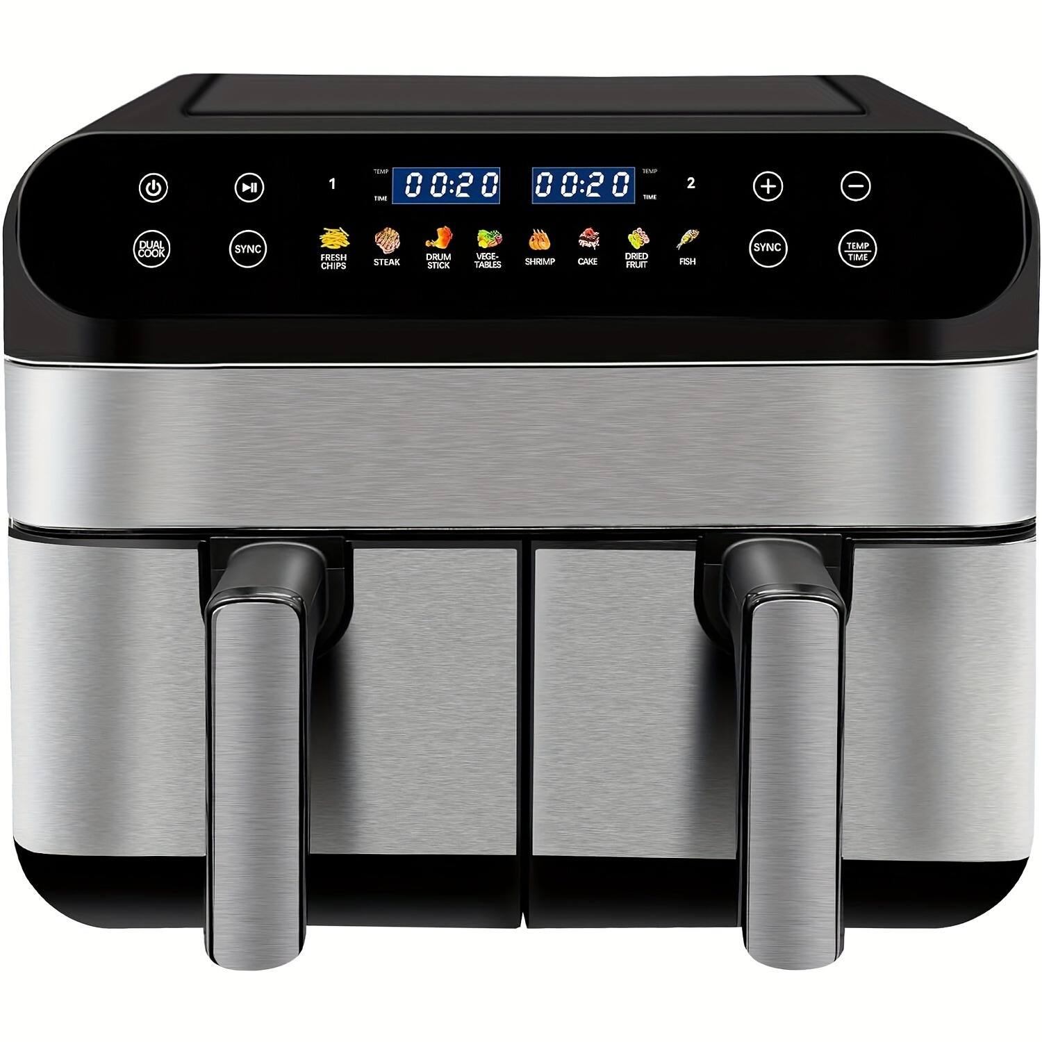 Sure, here is the corrected and grouped text from the image:
- DUAL COOK
- SYNC
- FRESH CHIPS
- STEAK
- DRUM STICK
- VEGETABLES
- SHRIMP
- CAVE
- DRIED FRUIT
- FISH
- SYNC
- TIME
- 00:20
- 00:20
- 1
- 2
- +