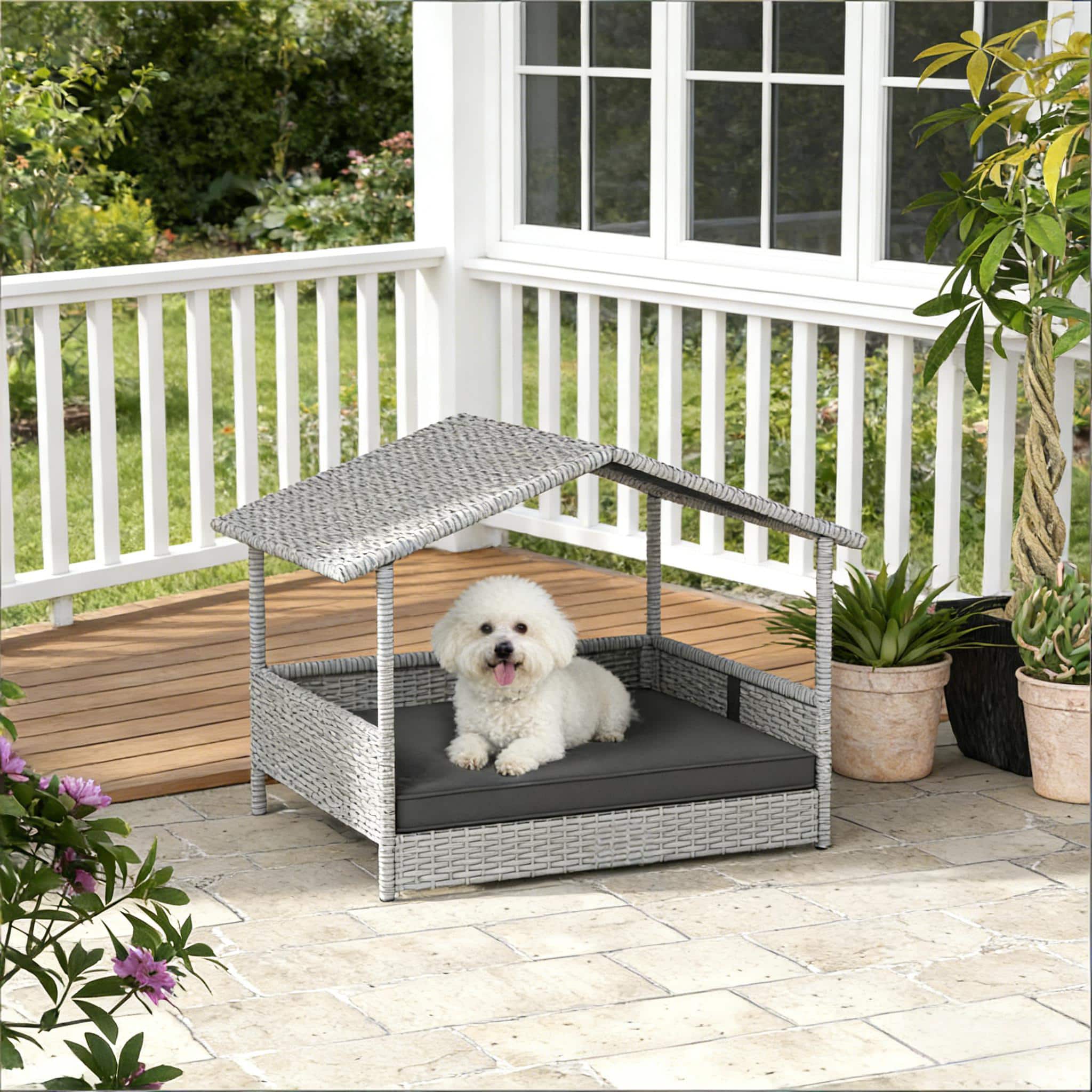 Siljoy - PE Rattan Dog House, Elevated Pet Bed with Canopy for Small/Medium Dogs, Indoor/Outdoor Use