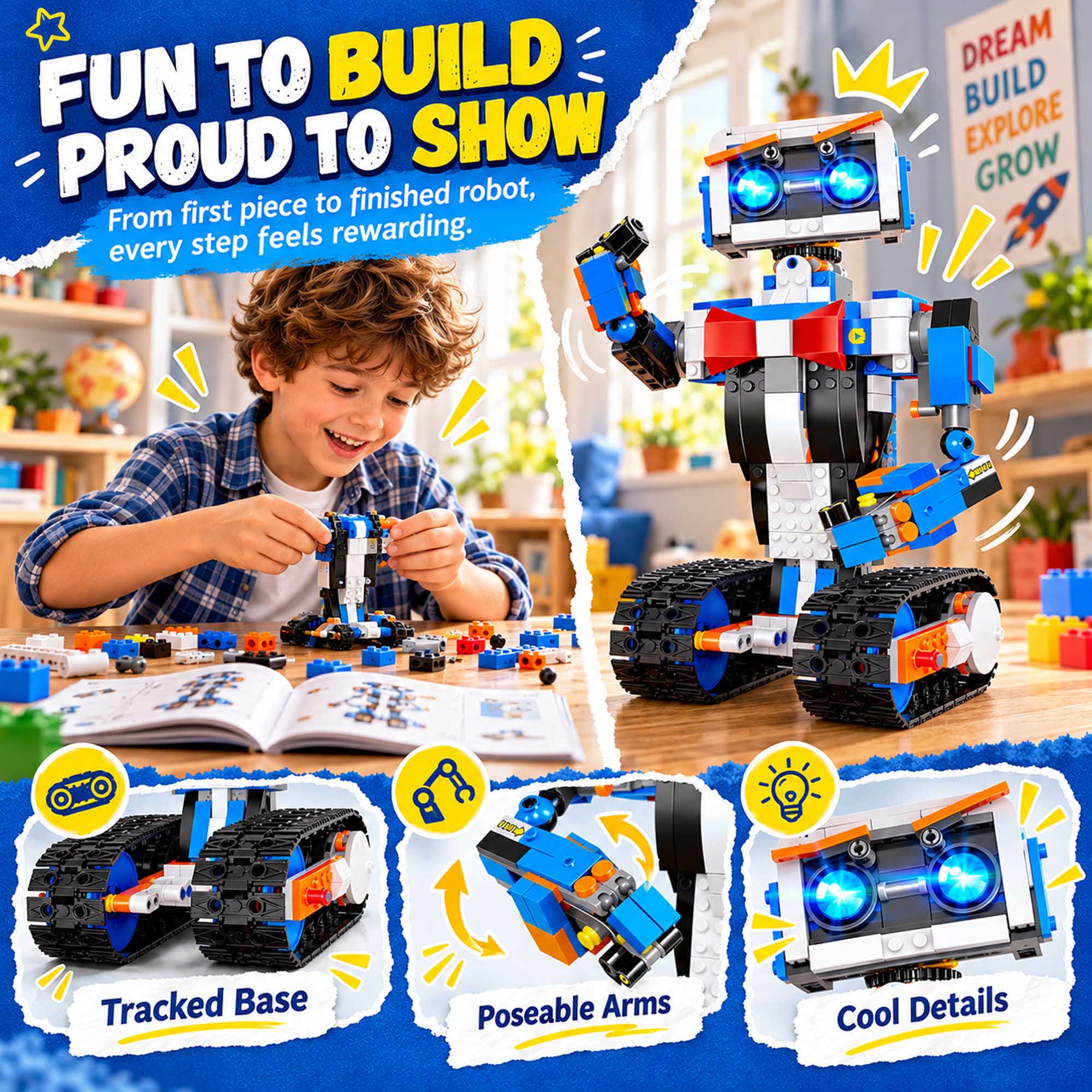 FUN TO BUILD PROUD TO SHOW  
From first piece to finished robot, every step feels rewarding.

DREAM BUILD EXPLORE GROW

Tracked Base  
Poseable Arms  
Cool Details
