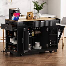 ELEMENT ACE - Fluted Kitchen Island with Trash Storage, Power Outlet, Adjustable Shelves, and Mobile Design for Modern Kitchens - Black