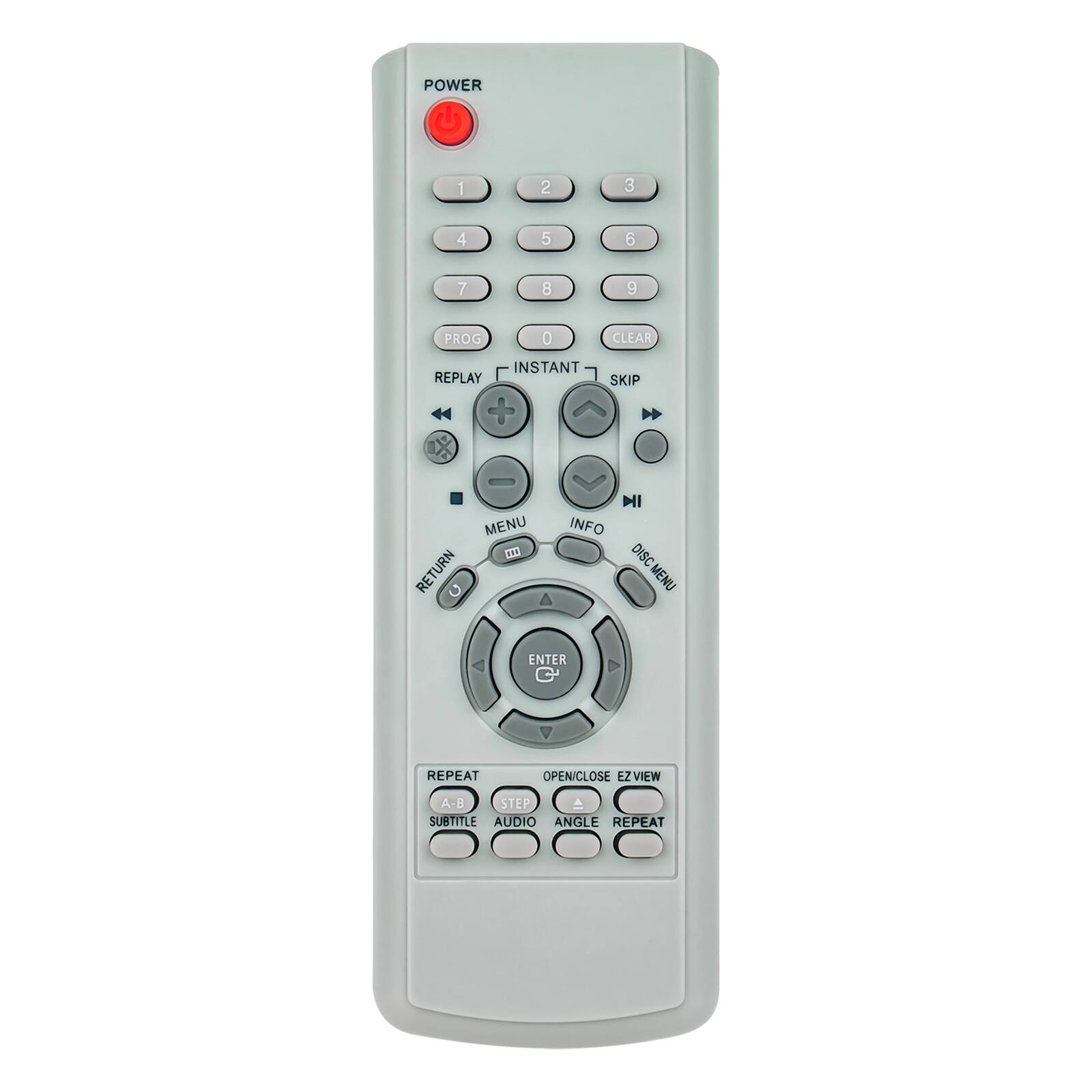 POWER 1 2 3 4 5 6 7 8 9 PROG 0 CLEAR INSTANT REPLAY + SKIP MENU RETURN HI INFO DISC MENU ENTER REPEAT OPEN/CLOSE EZ VIEW A-B STEP A SUBTITLE AUDIO ANGLE REPEAT