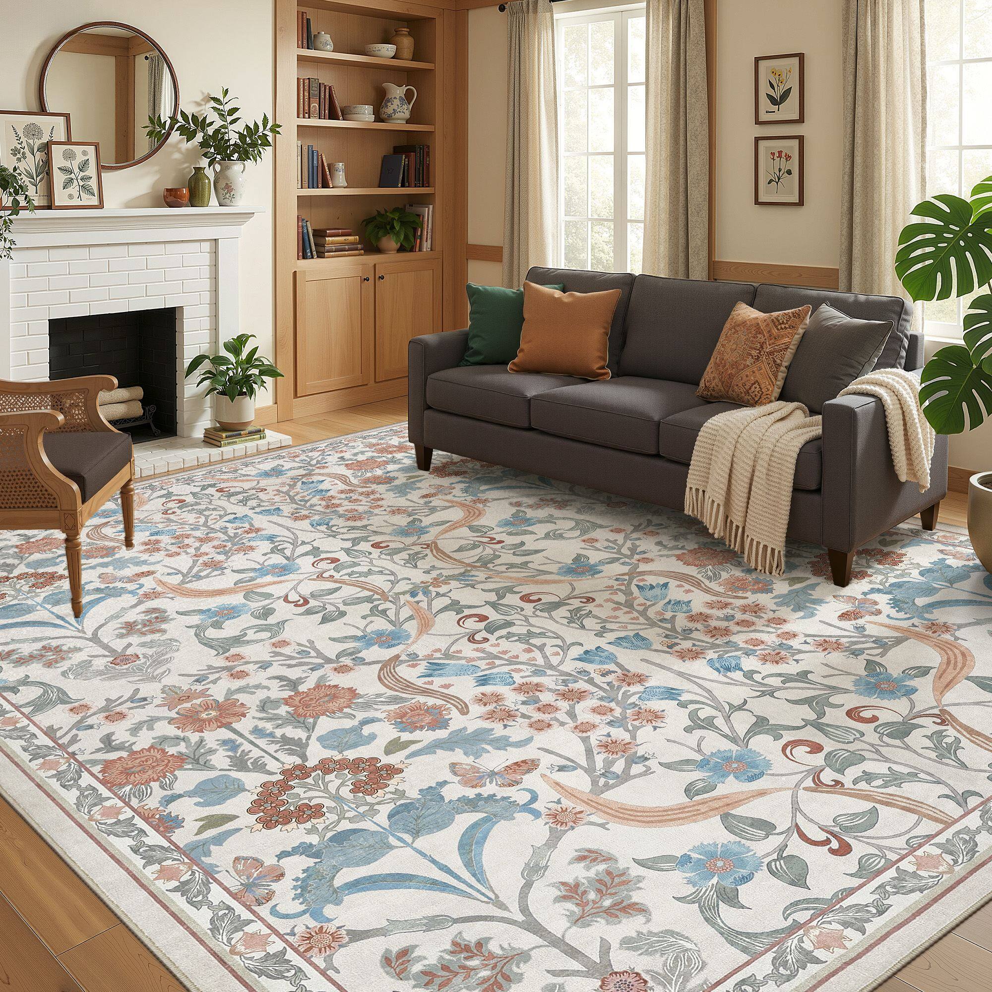 Angle. Yardgrace - 6' x 9' ft Farmhouse Floral Area Rug Washable with Non-Slip for Playroom Living Room Bedroom - Beige.