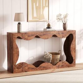 Qeetex - 63" Farmhouse Console Table with Scalloped Design, Narrow Entryway Sofa Table with Storage for Hallway - Brown