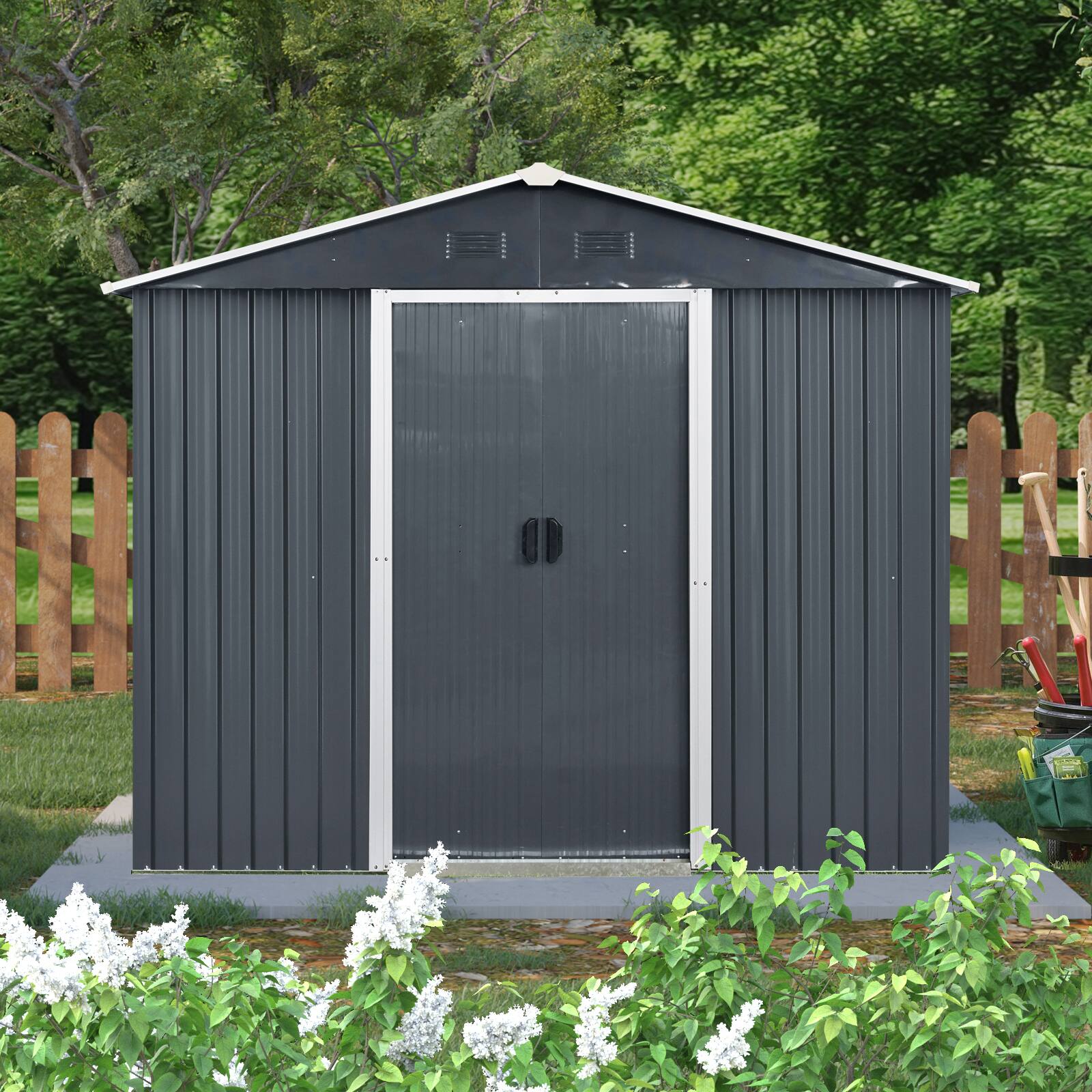 Angle. Mondawe - 8 ft x 4 ft Outdoor Metal Storage Shed with Window and Metal Foundation - Black White.