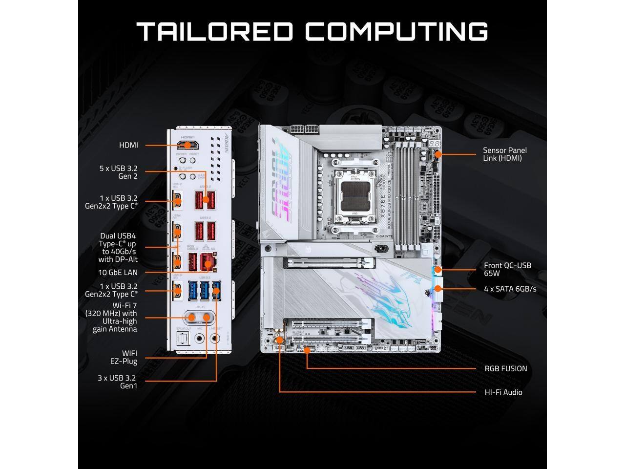TAILORED COMPUTING

- HDMI
- 5 x USB 3.2 Gen 2
- 1 x USB 3.2 Gen2x2 Type C*
- Dual USB4 Type-C up to 40Gb/s with DP-Alt
- 10 GbE LAN
- 1 x USB 3.2 Gen2x2 Type C*
- Wi-Fi 7 (320 MHz) with Ultra-high gain Antenna
- Sensor Panel Link (HDMI)
- Front QC-USB 65W
- 4 x SATA 6GB/s
- RGB FUSION
- HI-Fi Audio