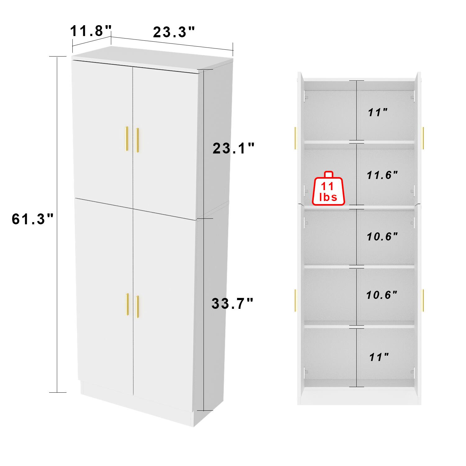 11.8", 23.3", 11", 23.1", 11 lbs, 11.6", 61.3", 10.6", 33.7", 10.6", 11"