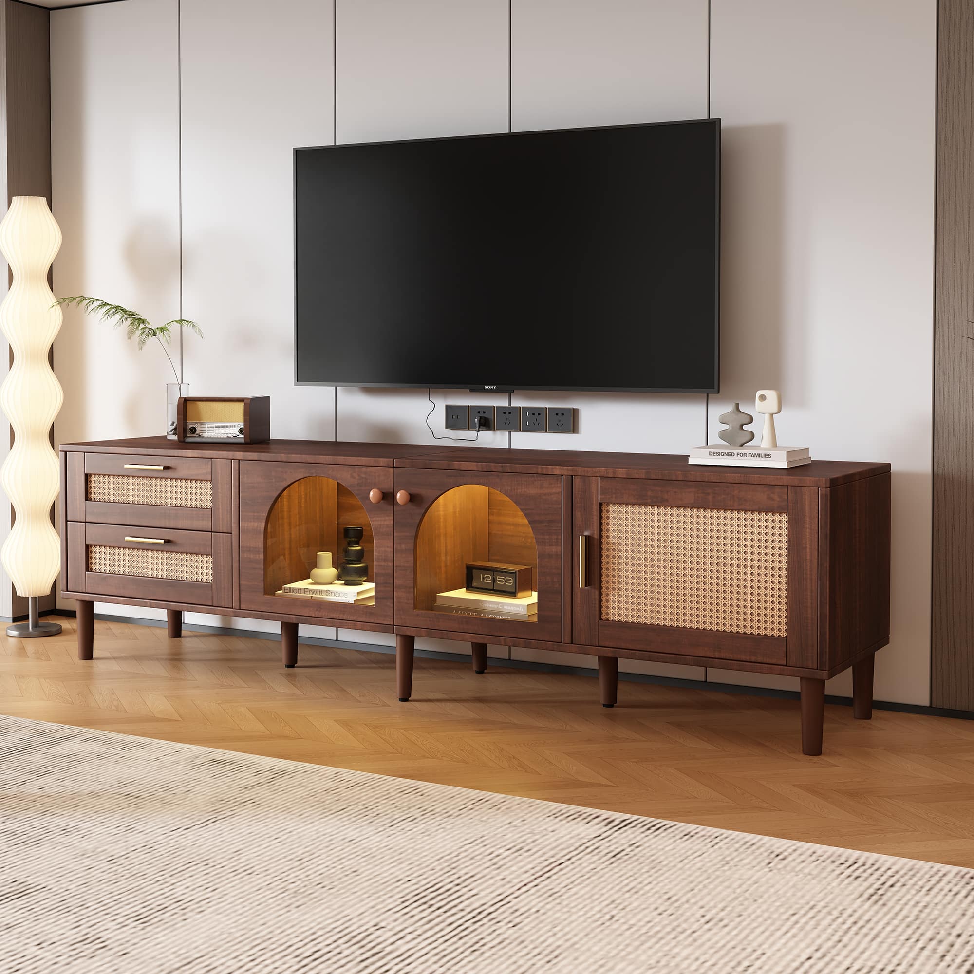 Bestier - Rattan TV Stand with 3 Cabinets & 2 Drawers, Media Console for TVs up to 80'', LED Light Entertainment Center - Brown