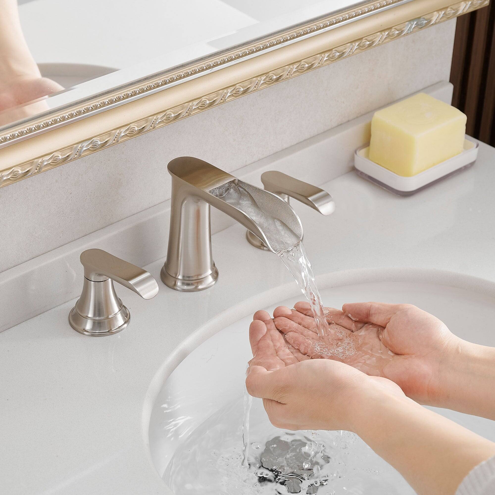 Alt View 4. Boyel Living - 8 in. Widespread Double Handle Brass Bathroom Faucet with Pop Up Drain and Water Supply Hoses in Brushed Nickel - Brushed Nickel.