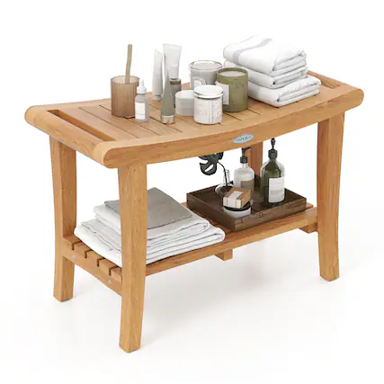 Front. Gymax - Gymax 30'' Large Teak Shower Stool w/ Storage Shelf Non-slip & Adjustable Foot Pads - Natural.