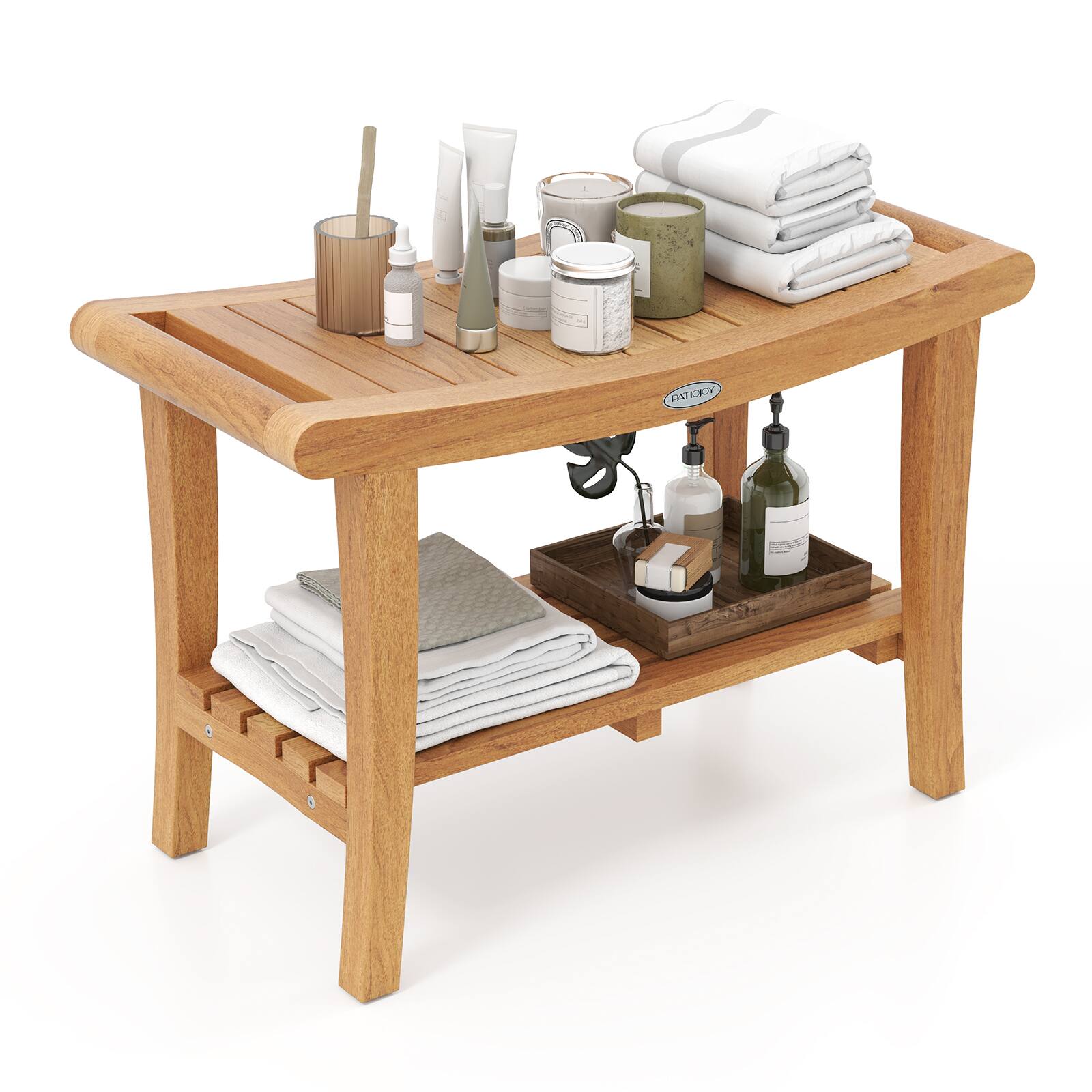 Front. Gymax - Gymax 30'' Large Teak Shower Stool w/ Storage Shelf Non-slip & Adjustable Foot Pads - Natural.