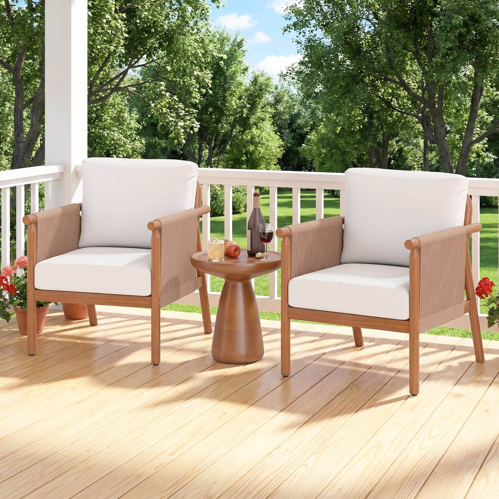 Alt View 3. Costway - Costway Patio Acacia Wood Chair with Woven Rope Armrests & Seat Back Cushions for Backyard - Natural + White.