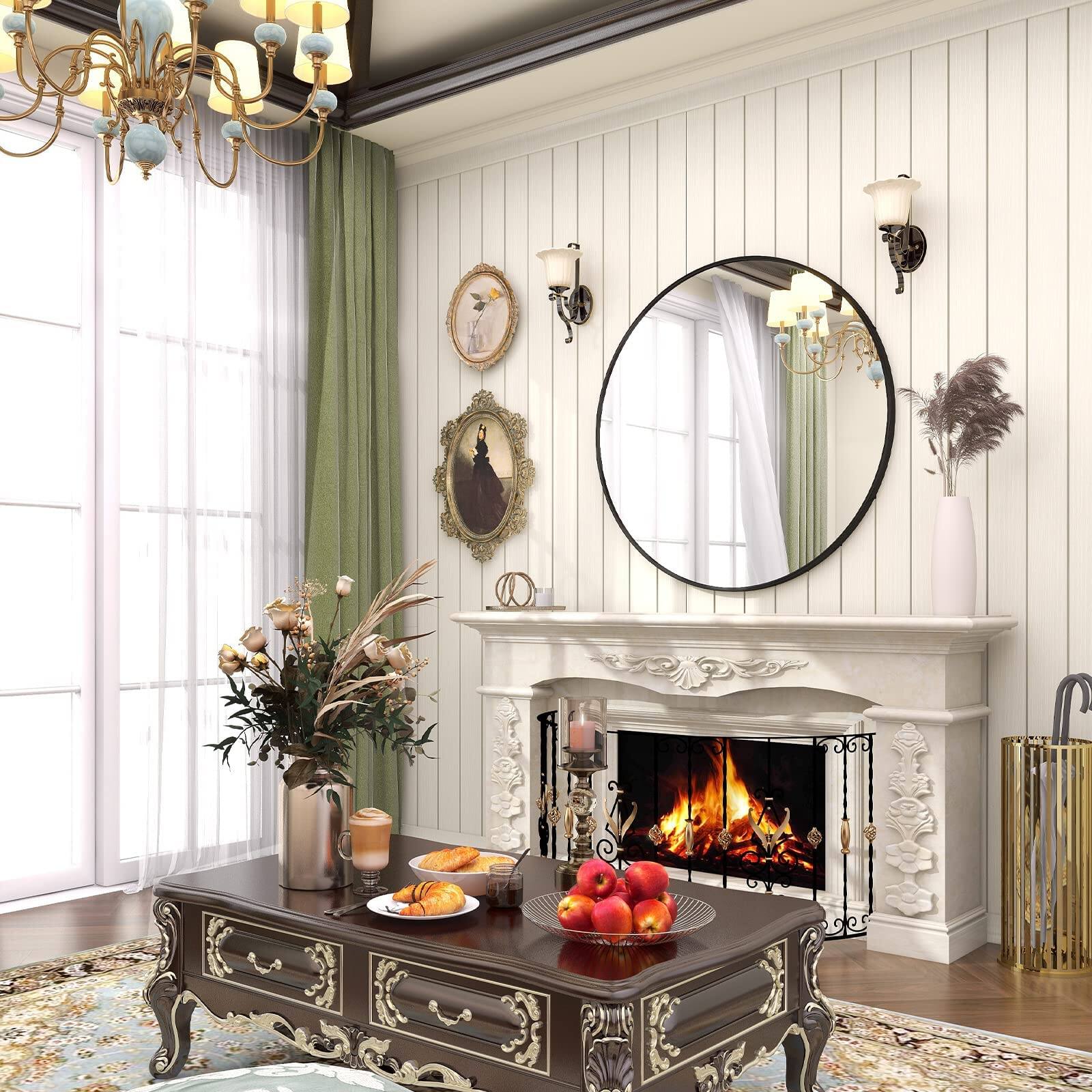 Angle. HOMLUX - Round Wall Mirror Black Aluminum Frame Circle Wall Mounted for Bathroom Vanity Entryway Bedroom Living Room.