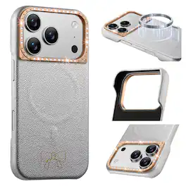 Dteck - Luxury PU Leather Texture Magnetic Case for Apple iPhone 17 Pro Max with Diamond Lens Border, Shockproof Hard PC Cover - Silver