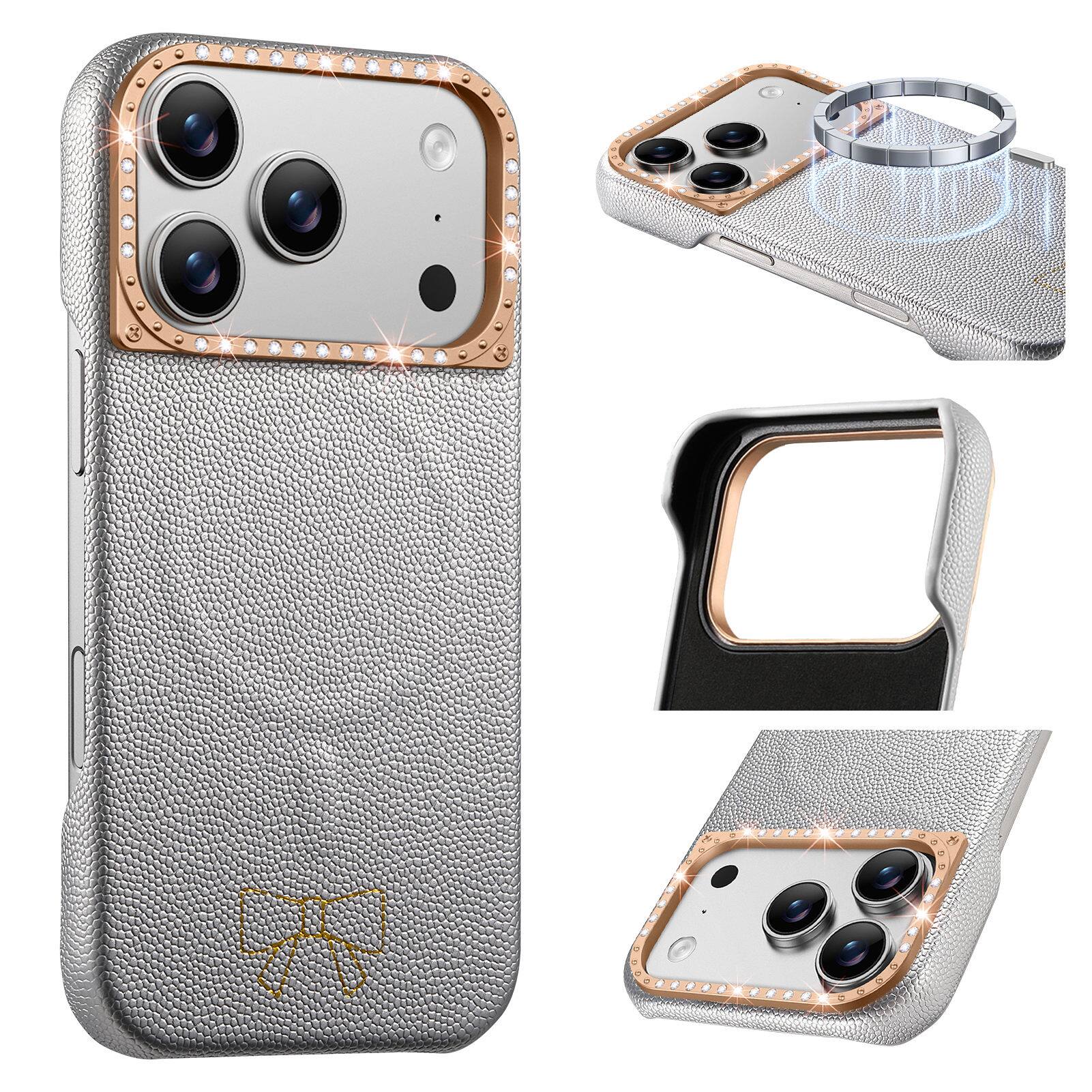 Front. Dteck - Luxury PU Leather Texture Magnetic Case for Apple iPhone 17 Pro Max with Diamond Lens Border, Shockproof Hard PC Cover - Silver.