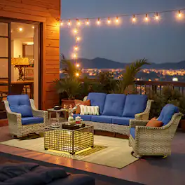 Ovios - 5 PCS Outdoor Patio Furniture Set with High-Back Wicker Sofa, Swivel Rocking Chairs and Coffee Table - Navy Blue