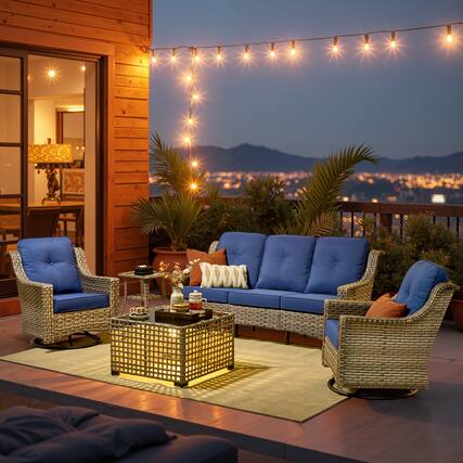 Front. Ovios - 5 PCS Outdoor Patio Furniture Set with High-Back Wicker Sofa, Swivel Rocking Chairs and Coffee Table - Navy Blue.