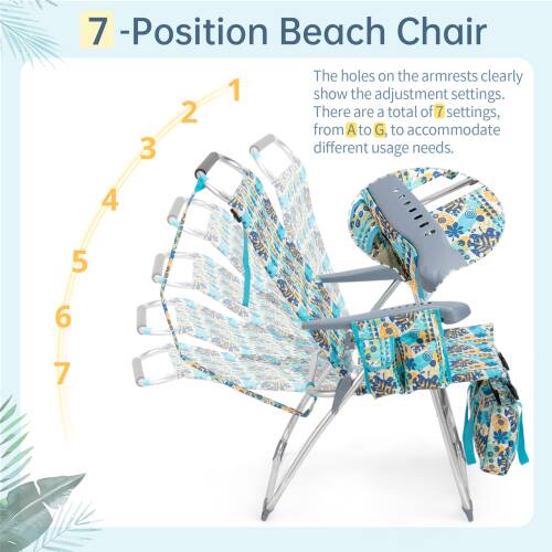7-Position Beach Chair

The holes on the armrests clearly show the adjustment settings. There are a total of 7 settings, from A to G, to accommodate different usage needs.