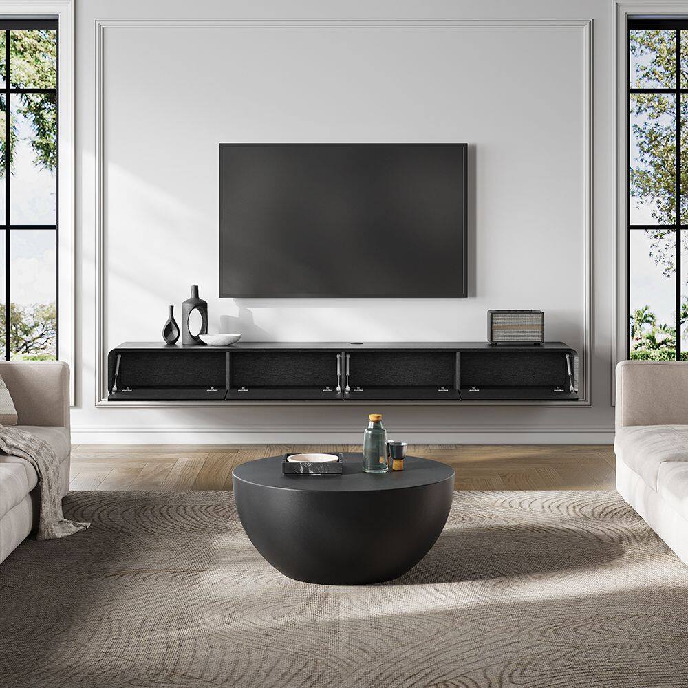 Alt View 7. POVISON - 95" Fully-Assembled Black Floating TV Stand Solid Wood - Black.