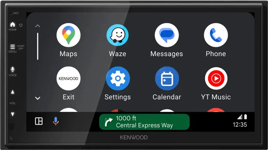 The text on the image can be grouped and corrected as follows:

1. Navigation Apps:
- Maps
- Waze
- Messages
- Phone
- Voice
2. Settings:
- Exit
- Settings
3. Calendar:
- Calendar
4. Music:
- Ty Music
5. Distance:
- 1000 ft
6. Destination:
- Central Express Way
7. Time:
- 12:35
8. Brand:
- Kenwood