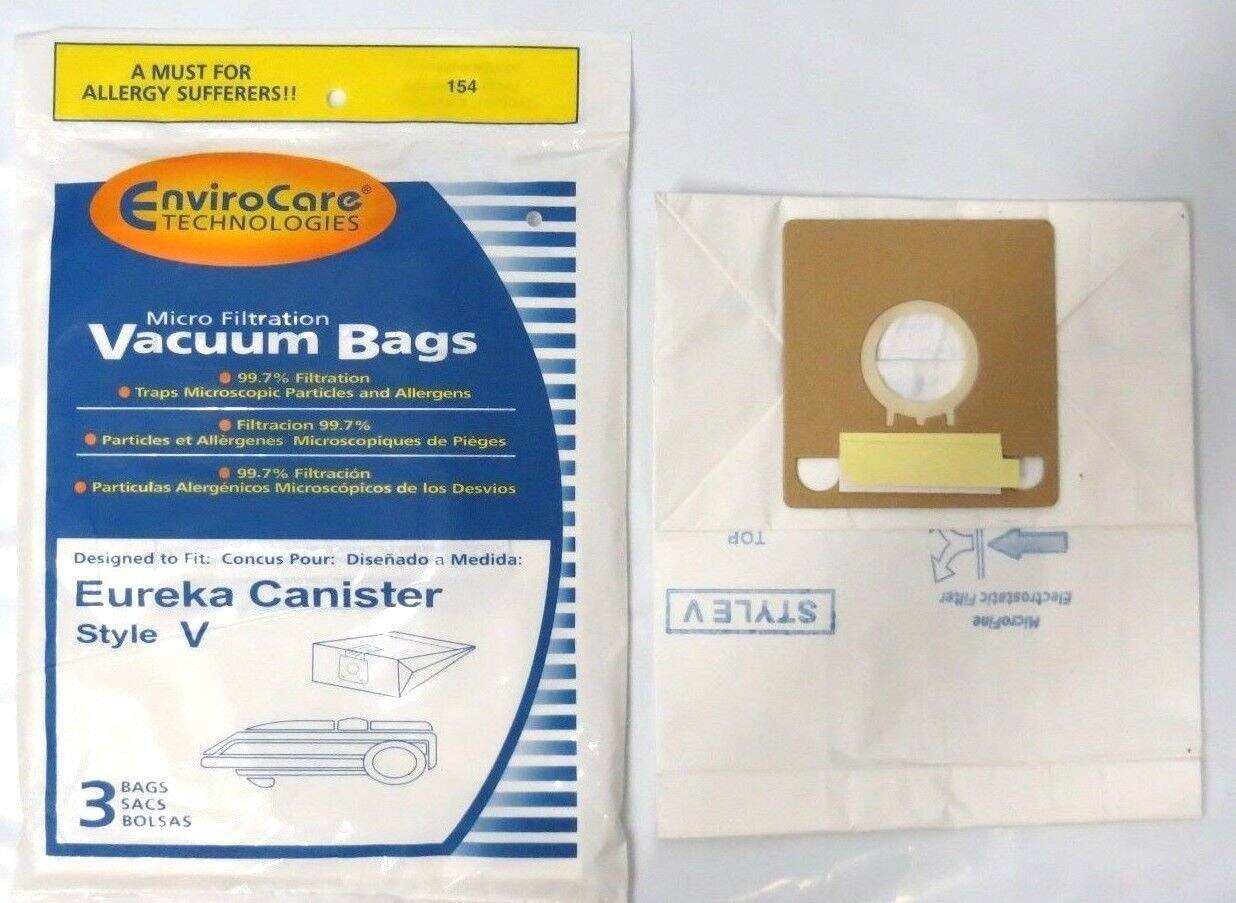 A MUST FOR ALLERGY SUFFERERS!!  
154 EnviroCare TECHNOLOGIES Micro Filtration Vacuum Bags  
99.7% Filtration Traps Microscopic Particles and Allergens  
Filtración 99.7% Partículas y Alergénicos Microscópicos de Pies  
99.7% Filtración Partículas Alergénicos Microscópicos de los Desvios  
Designed to Fit: Concus Pour: Diseñado a Medida: Eureka Canister Style V  
3 BAGS SACS BOLSAS  

Micro Filtration Vacuum Bags  
99.7% Filtration  
Traps Microscopic Particles and Allergens  
Filtración 99.7%  
Partículas y Alergénicos Microscópicos de Pies  
99.7% Filtración  
Partículas Alergénicos Microscópicos de los Desvios  
Designed to Fit: Concus Pour: Diseñado a Medida: Eureka Canister Style V  
3 BAGS SACS BOLSAS  

Micro Filtration Vacuum Bags  
99.