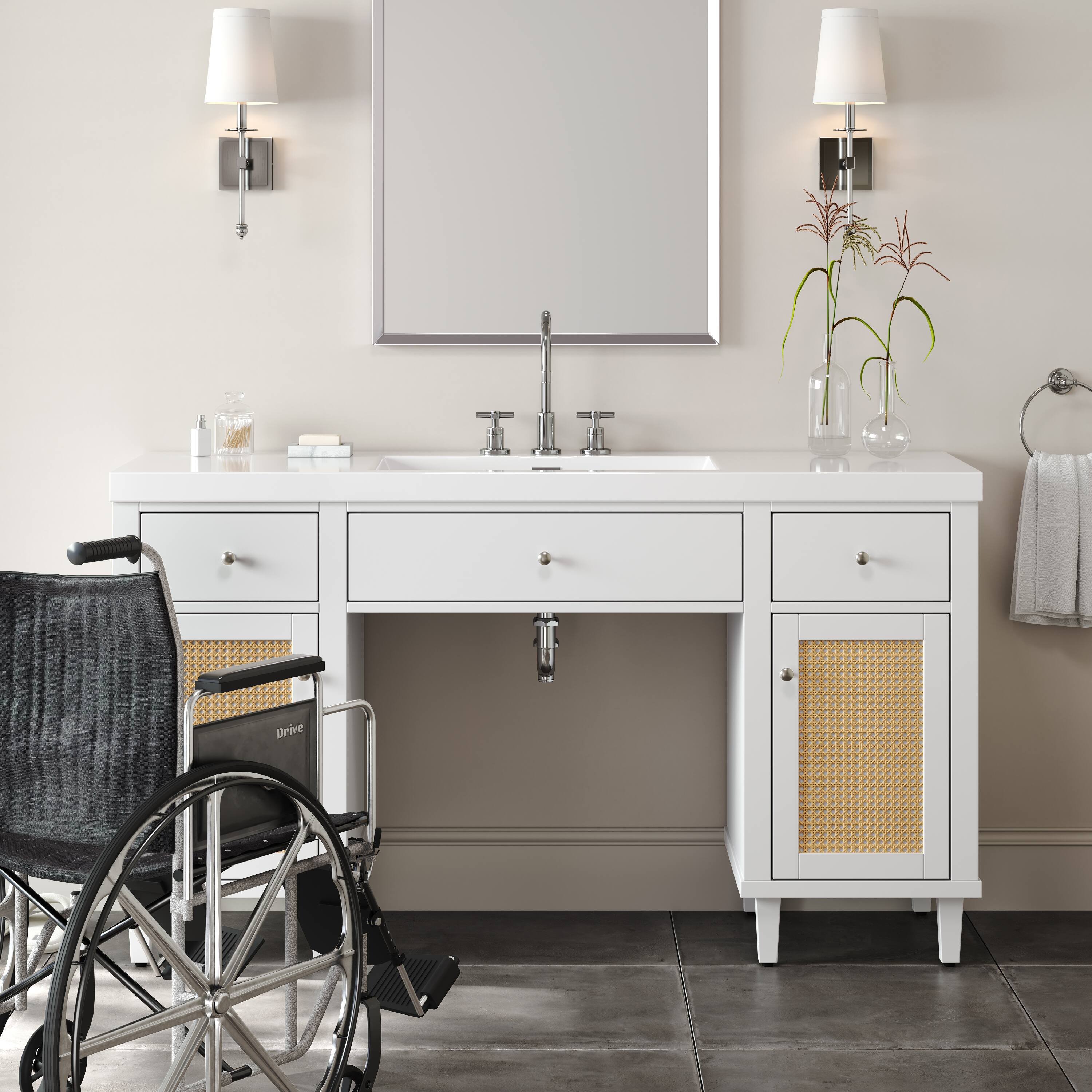 Alt View 2. Loheer - 60" Single Sink Bathroom Vanity - Wheelchair-Accessible with 28.35" Knee Space, SMC Sink & Soft-Close Storage - White.