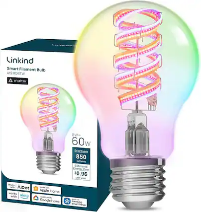 Linkind Smart Filament Bulb A19 RGBTW
matter
8W = 60W
Brightness: 850 lumens
Estimated Energy Cost: $0.96 per year
Works with:
- AiDot
- Alexa
- Apple Home
- Google Home
- Samsung SmartThings