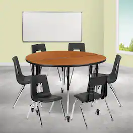 Emma + Oliver - Mobile 47.5" Circle Wave Collaborative Laminate Activity Table Set with 16" Student Stack Chairs, Grey/Black - Oak