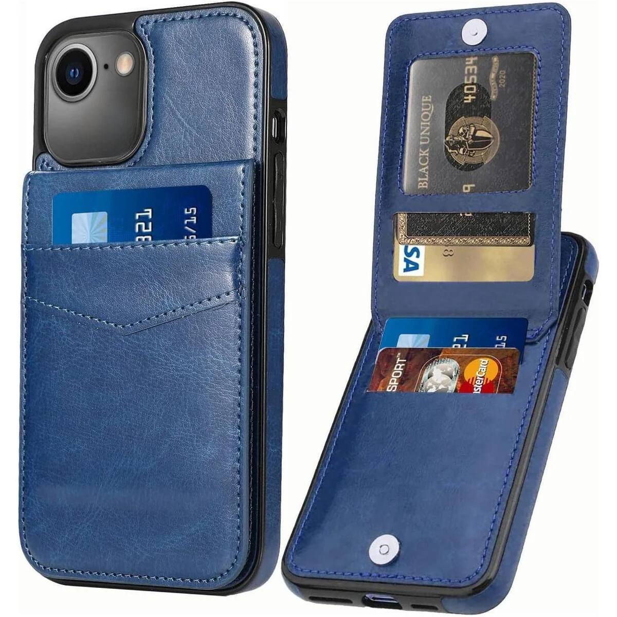 Entronix - Slim Leather Wallet Case for iPhone 16E with 6 Card Slots - Navy Blue