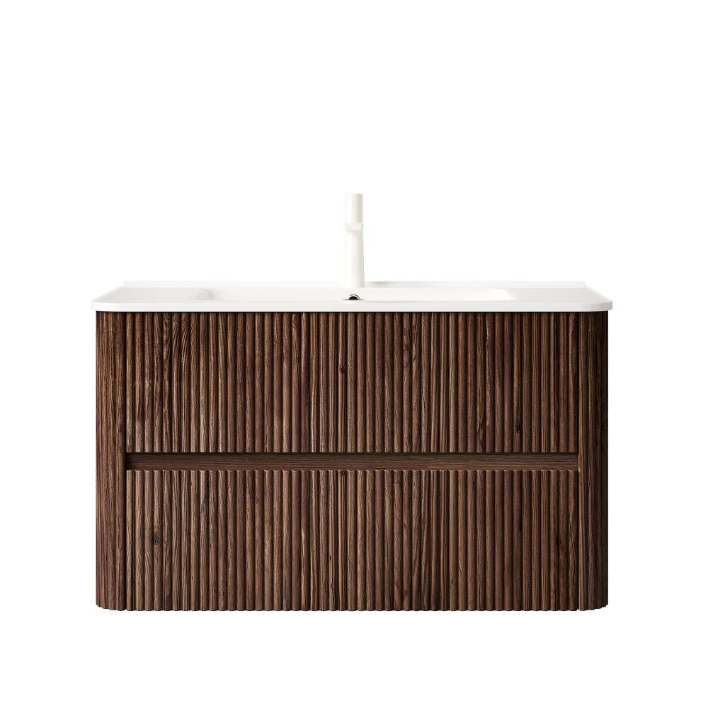 Left. Loheer - Loheer 36 inch bathroom vanity with sink, wall mounted floating vanity, retro walnut woodgrain finish - White + Deep Walnut.