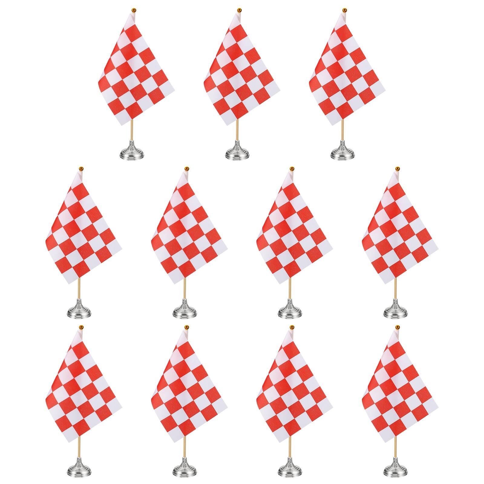Front. Unique Bargains - 12pcs 12" R/W Checkered Table Flag for Racing/Sport Party, Bamboo Stick & Silver Round Base - Red and White Flag, Silver Base.