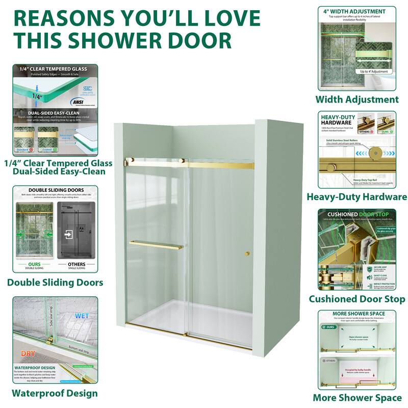 REASONS YOU'LL LOVE THIS SHOWER DOOR

1/4" CLEAR TEMPERED GLASS
DUAL-SIDED EASY-CLEAN
1/4" Clear Tempered Glass Dual-Sided Easy-Clean

DOUBLE SLIDING DOORS
Double Sliding Doors

WATERPROOF DESIGN
Waterproof Design

4" WIDTH ADJUSTMENT
Width Adjustment

HEAVY-DUTY HARDWARE
Heavy-Duty Hardware

CUSHIONED DOOR STOP
Cushioned Door Stop

MORE SHOWER SPACE
More Shower Space