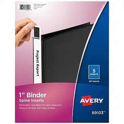 FPO 7148 9101 6
Project Report
5 SHEETS
40 Inserts
1" Binder Spine Inserts
Perforated card allows for easy separation
Works in all laser and inkjet printers
AVERY
89103