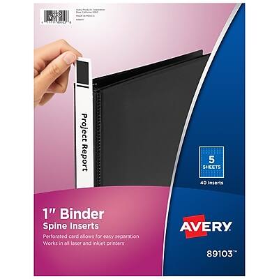 FPO 7148 9101 6  
Project Report  
5 SHEETS  
40 Inserts  
1" Binder Spine Inserts  
Perforated card allows for easy separation  
Works in all laser and inkjet printers  
AVERY  
89103