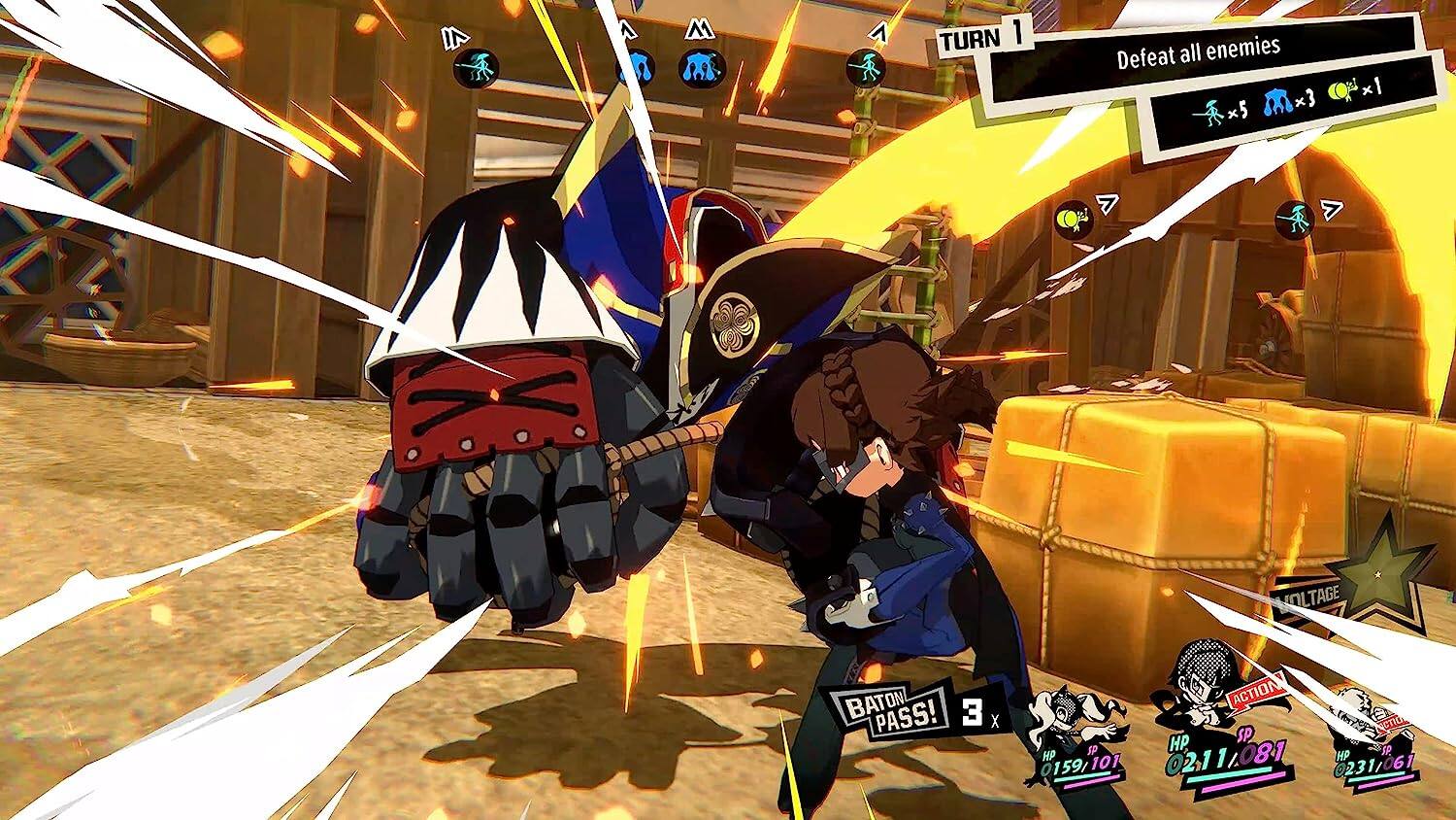 I AM A TURN 1  
Defeat all enemies x3 x x5 x x x1  
OLTAGE BATON PASS!  
3 X ACTION  
HP SP  
0159/101 101  
0211/081 021  
0231/061 61