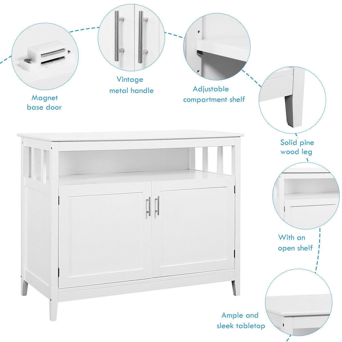 Magnet base door, Vintage metal handle, Adjustable compartment shelf, Solid pine wood leg, With an open shelf, Ample and sleek tabletop.