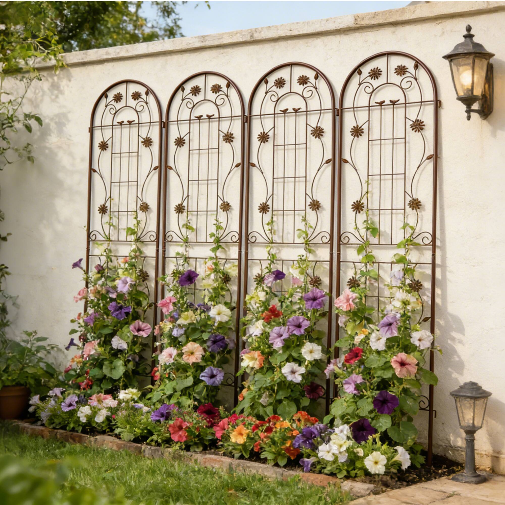 Back. Loheer - 2 Pack Rustproof Metal Garden Trellis 7.2 ft x 1.6 ft for Climbing Plants Outdoor - Brown.