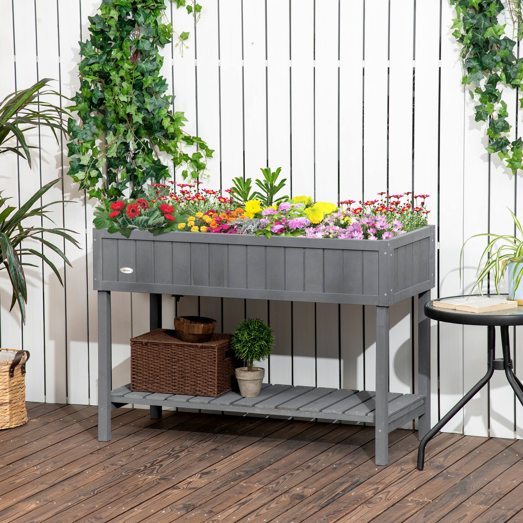 Alt View 1. Outsunny - Raised Garden Bed, Elevated Planter Box Stand with 8 Slots and Open Shelf - Dark Grey.