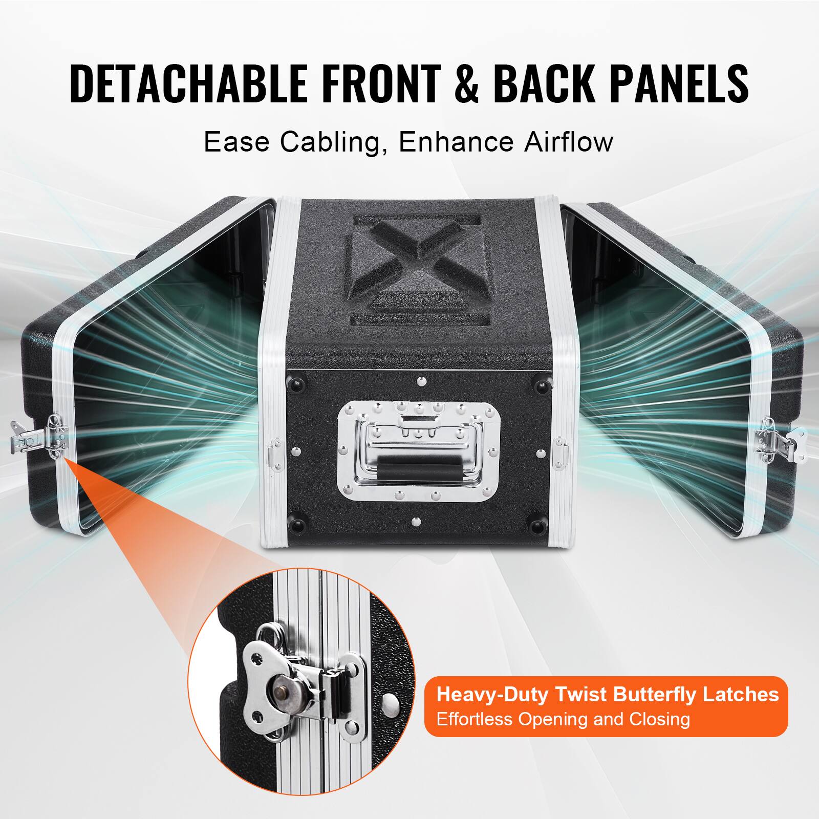 DETACHABLE FRONT & BACK PANELS  
Ease Cabling, Enhance Airflow  

Heavy-Duty Twist Butterfly Latches  
Effortless Opening and Closing
